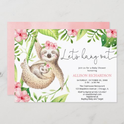 Baby girl sloth pink greenery tropical baby shower invitation