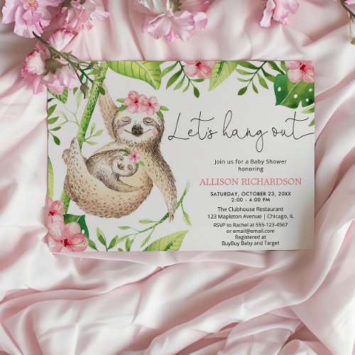 Baby girl sloth pink greenery tropical baby shower invitation