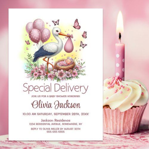 Baby Girl Special Delivery Stork Baby Shower Invitation
