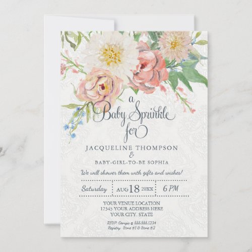 Baby Girl Sprinkle Watercolor Blush n White Floral Invitation