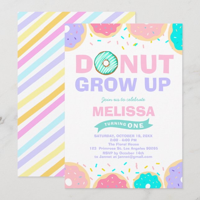 Baby Girl Sprinkles Birthday Donut Grow Up Party Invitation (Front/Back)