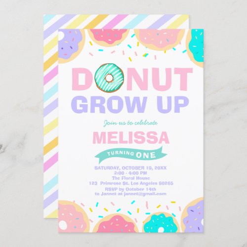 Baby Girl Sprinkles Birthday Donut Grow Up Party Invitation