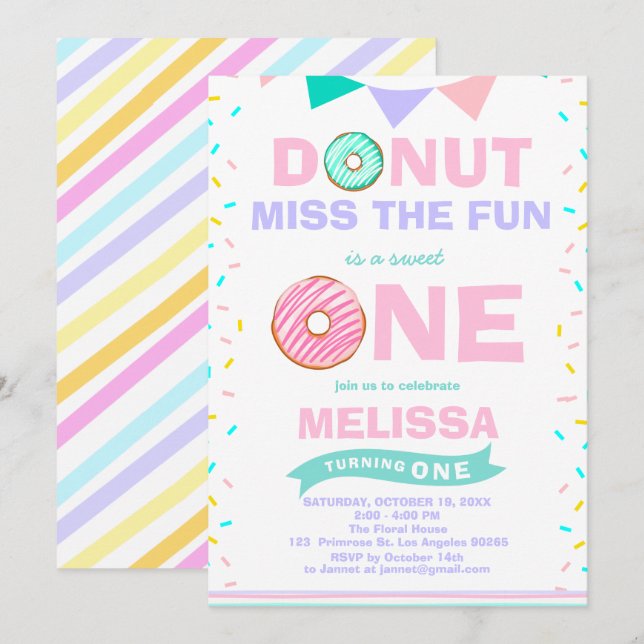 Baby Girl Sprinkles Birthday Donut Miss The Fun Invitation (Front/Back)