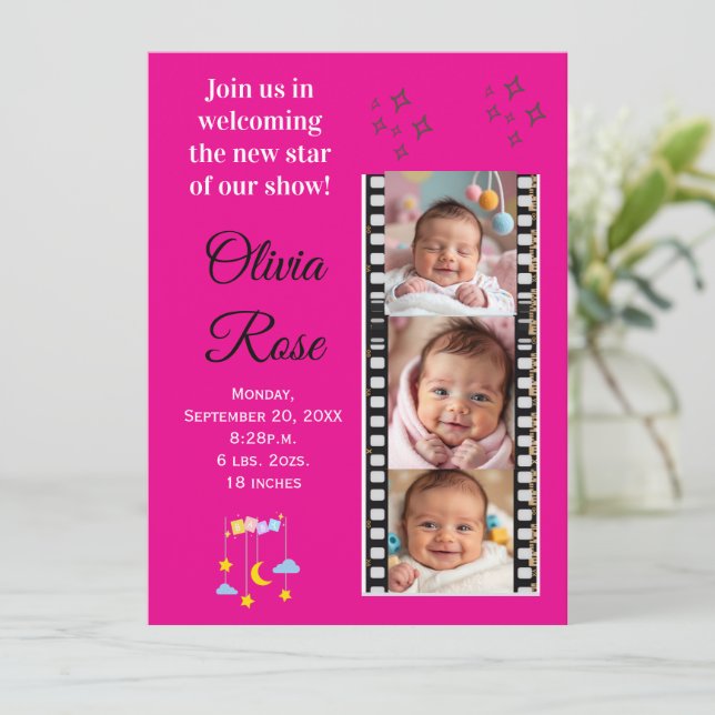 Baby Girl Star Birth Announcement Invitation (Standing Front)