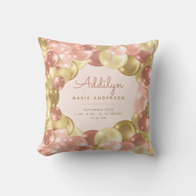 Baby Girl Stats Pink Balloons Throw Pillow (Front)