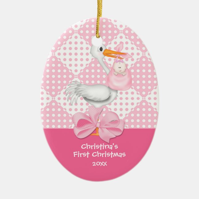 Baby Girl Stork  Baby's First Christmas Ornament (Front)