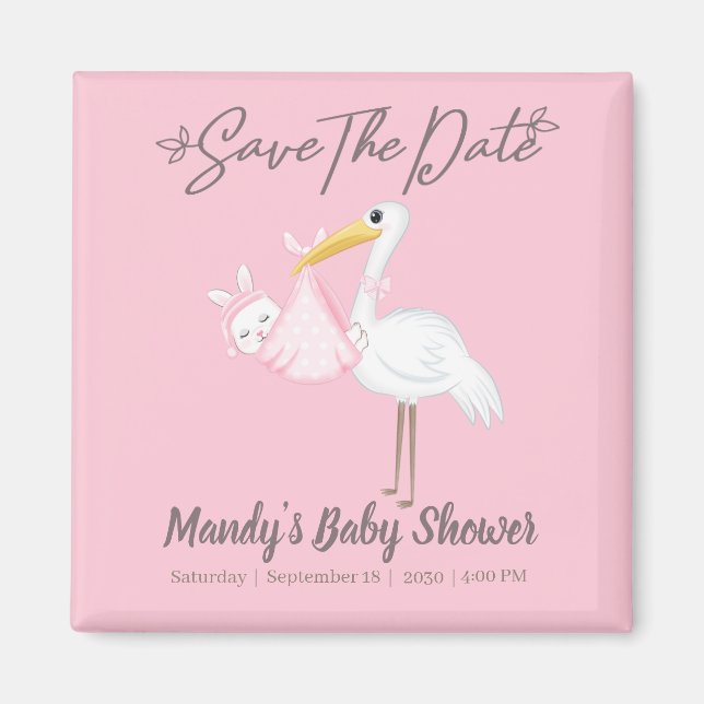 Baby Girl Stork Pink Shower Save the Date Magnet (Front)