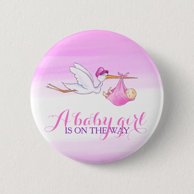 Baby girl stork pink watercolor button badge (Front)