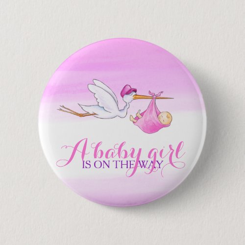 Baby girl stork pink watercolor button badge