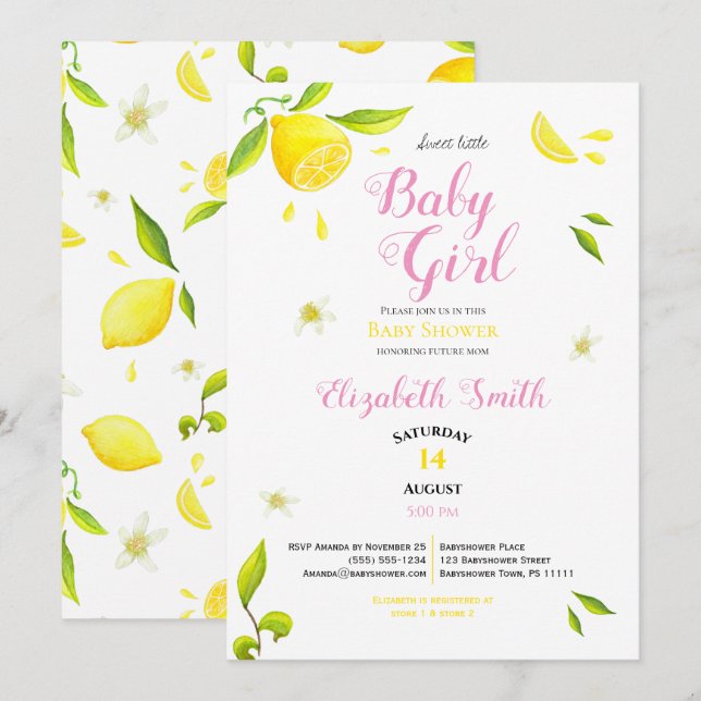 Baby girl summer spring lemon theme babyshower invitation (Front/Back)