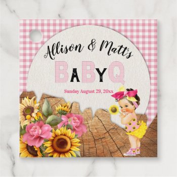 Baby Girl Sunflower Pink Check Baby Q Bbq Favor Tags by nawnibelles at Zazzle