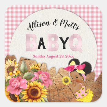 Baby Girl Sunflower Pink Check Wood Baby Q Bbq Square Sticker by nawnibelles at Zazzle
