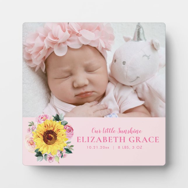 Baby Girl Sunflower Pink Floral Personalized Photo Plaque (Front)