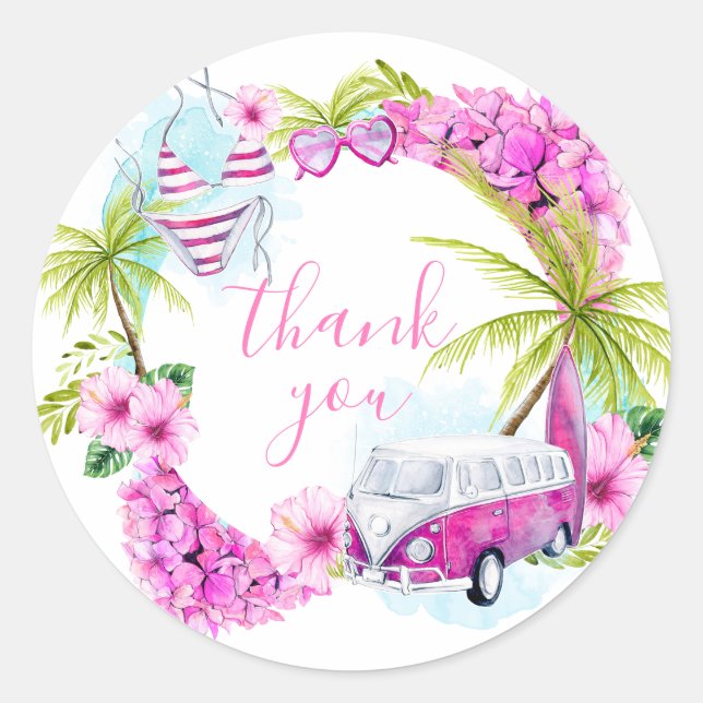 Baby Girl Surf Favor Thank You Sticker (Front)