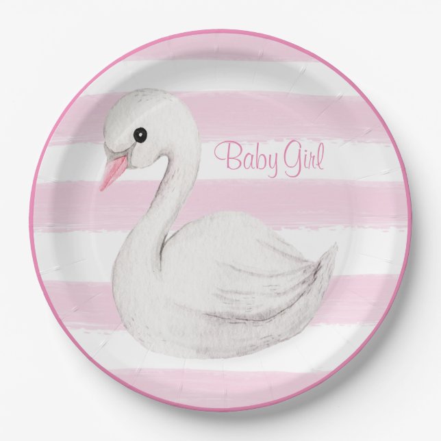 Baby Girl Swan Girly Pink Script Baby Shower Paper Plates (Front)