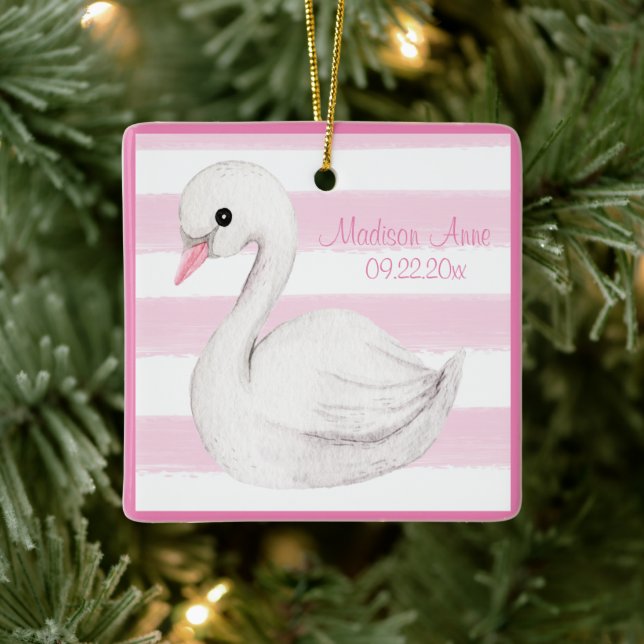 Baby Girl Swan Girly Pink Script Personalize Ceramic Ornament (Tree)