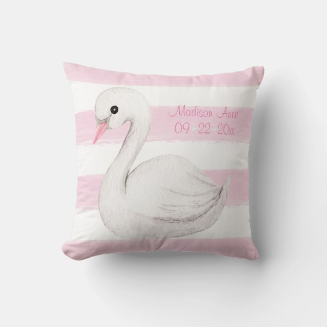 Baby Girl Swan Pink Script Personalize Keepsake Throw Pillow (Front)