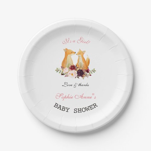 Baby Girl Sweet Fox Woodland Baby Shower Paper Plates