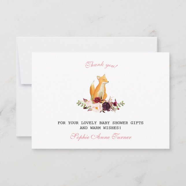 Baby Girl Sweet Fox Woodland Baby Shower Thank You Card (Front)