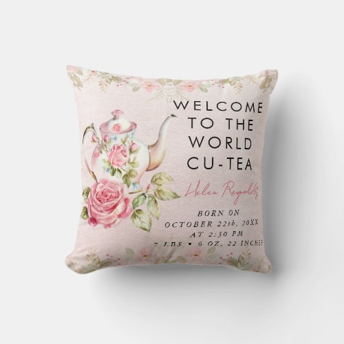 Baby Girl Teapot Keepsake Birth Stats Throw Pillow