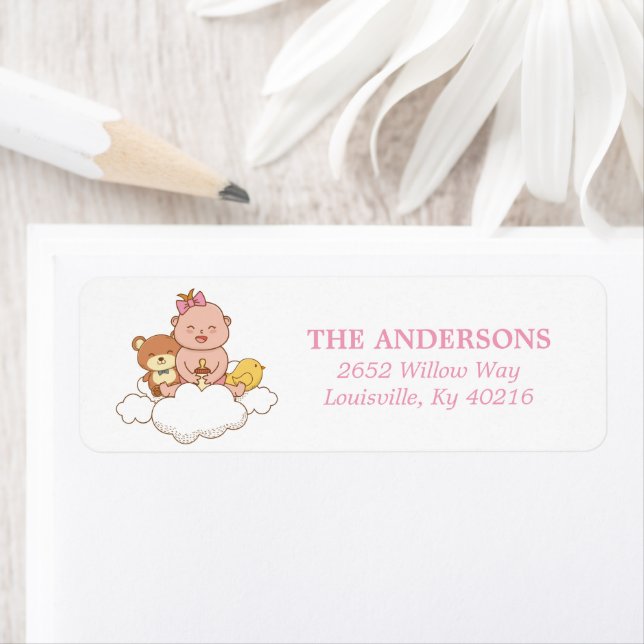 Baby Girl Teddy Bear Cloud Return Address Label (Insitu)
