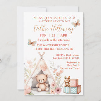 Baby Girl Teddy Bear in Teepee Baby Shower Invitation