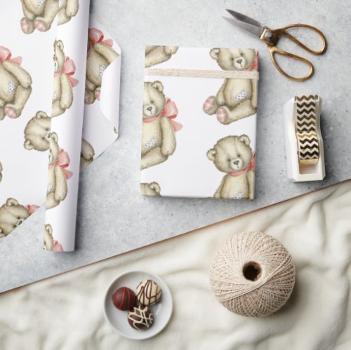 Baby Girl Teddy Bear Pink Watercolor Wrapping Paper