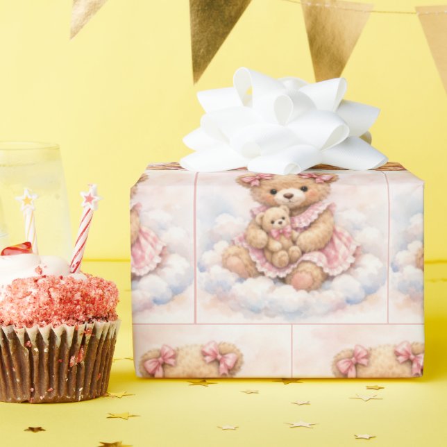 Baby Girl Teddy Bear Sitting on a Cloud Wrapping Paper (Birthday Party)