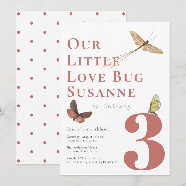 Baby Girl Third Birthday Love Bug Invitation (Front/Back)