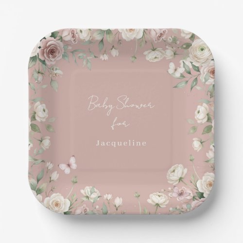 Baby Girl to Bee Rose Floral Dusty Pink Shower Paper Plates