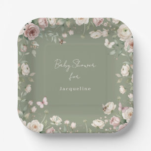 Baby Girl to Bee Rose Floral Moss Green Shower Paper Plates