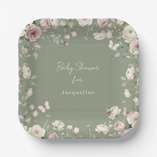 Baby Girl to Bee Rose Floral Moss Green Shower Paper Plates