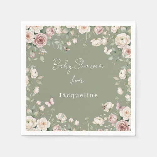 Baby Girl to Bee Rose Floral Pink n Green Shower Napkins