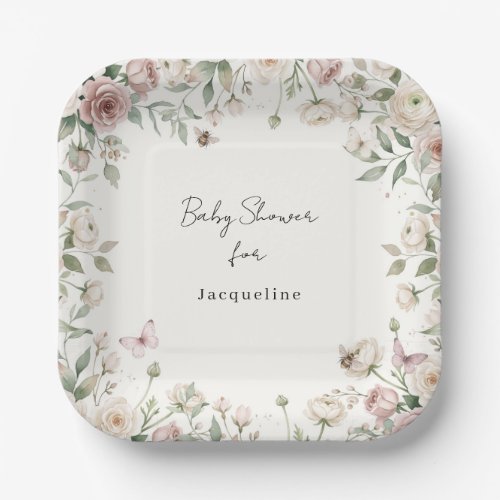 Baby Girl to Bee Rose Floral Pink n Ivory Shower Paper Plates