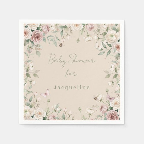 Baby Girl to Bee Rose Floral Taupe n Pink Shower Napkins