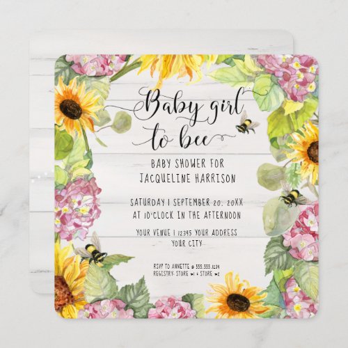 Baby Girl to Bee Sunflower Pink Hydrangeas Shower  Invitation