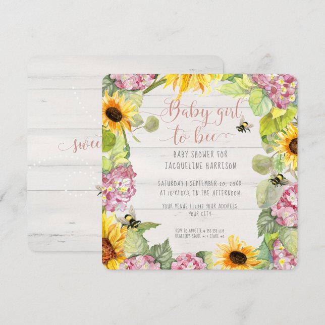 Baby Girl to Bee Sunflower Pink Hydrangeas Shower Invitation (Front/Back)