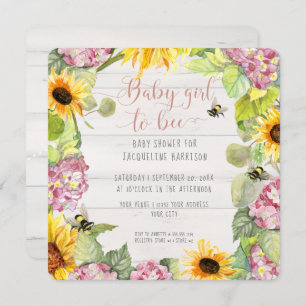 Baby Girl to Bee Sunflower Pink Hydrangeas Shower Invitation