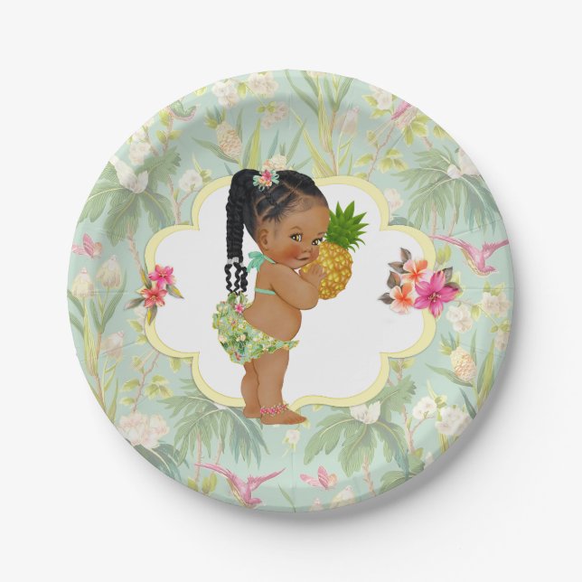 Baby Girl Tropical Hawaiian Luau Hibiscus Braids Paper Plates (Front)