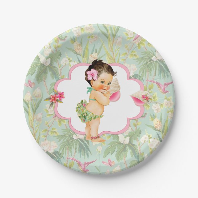 Baby Girl Tropical Hawaiian Luau Hibiscus Paper Plates (Front)