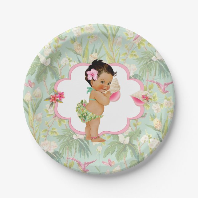 Baby Girl Tropical Hawaiian Luau Hibiscus  Paper Plates (Front)