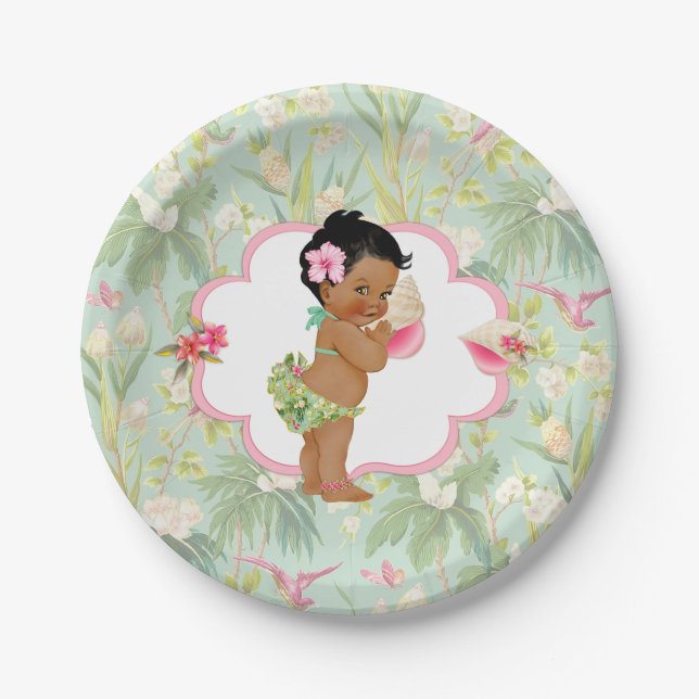 Baby Girl Tropical Hawaiian Luau Hibiscus Paper Plates (Front)