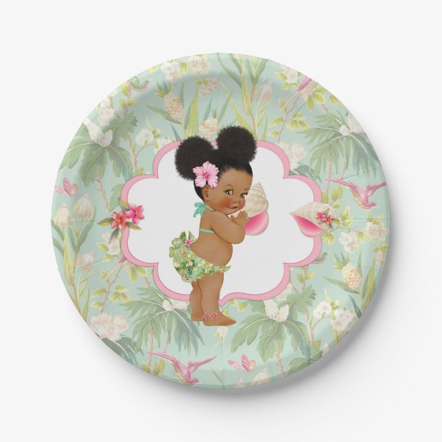 Baby Girl Tropical Hawaiian Luau Hibiscus Puffs Paper Plates (Front)