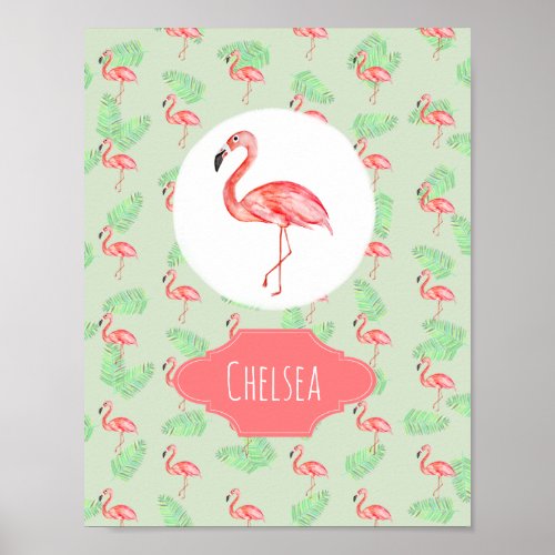 Baby Girl Tropical Pink Flamingo Name Nursery Poster
