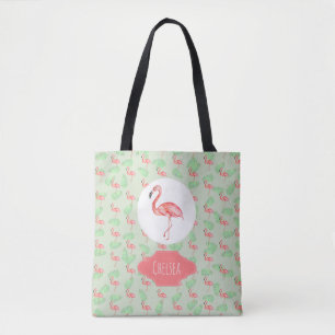 Baby Girl Tropical Watercolor Flamingo Name Diaper Tote Bag