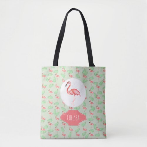 Baby Girl Tropical Watercolor Flamingo Name Diaper Tote Bag