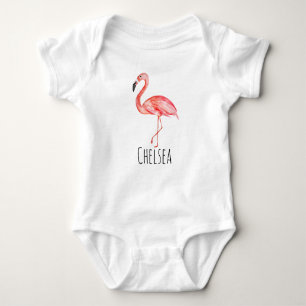 Baby Girl Tropical Watercolor Pink Flamingo Name Baby Bodysuit