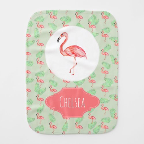 Baby Girl Tropical Watercolor Pink Flamingo Name Baby Burp Cloth