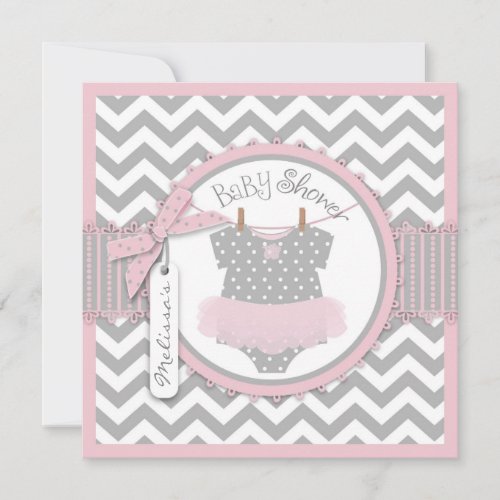 Pink Tutu and Chevron Print Baby Shower SQ-PKGY2 Personalized Announcement