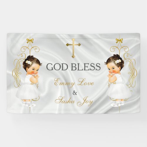 Baby Girl Twins Baptism Christening Gold Banner